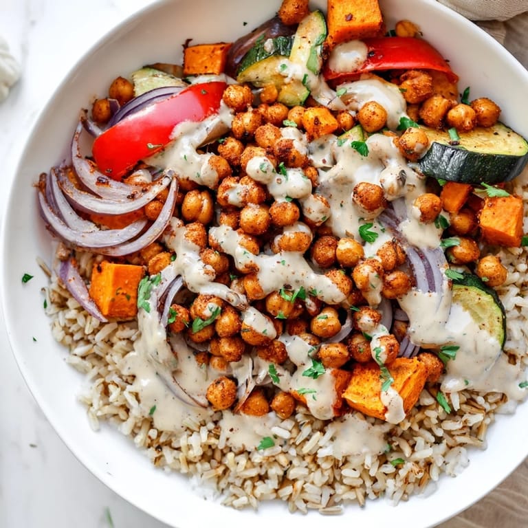 Golden crispy roasted chickpeas nestled with colorful veggies make this Buddha bowl delicious.