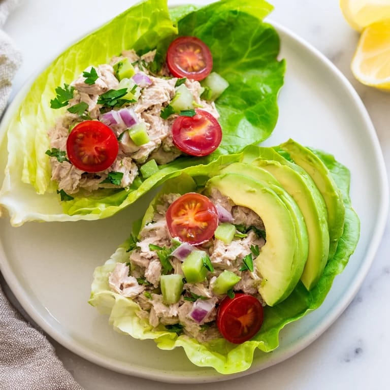 Tuna salad lettuce wraps presentation: Fresh tuna salad nestled in vibrant green lettuce leaves, ready to enjoy.