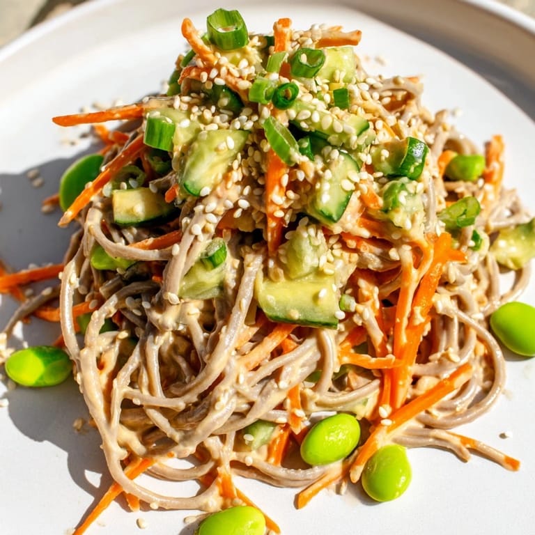 Vibrant Asian Sesame Noodle Salad, showing noodles and fresh veggies tossed in creamy sesame dressing.