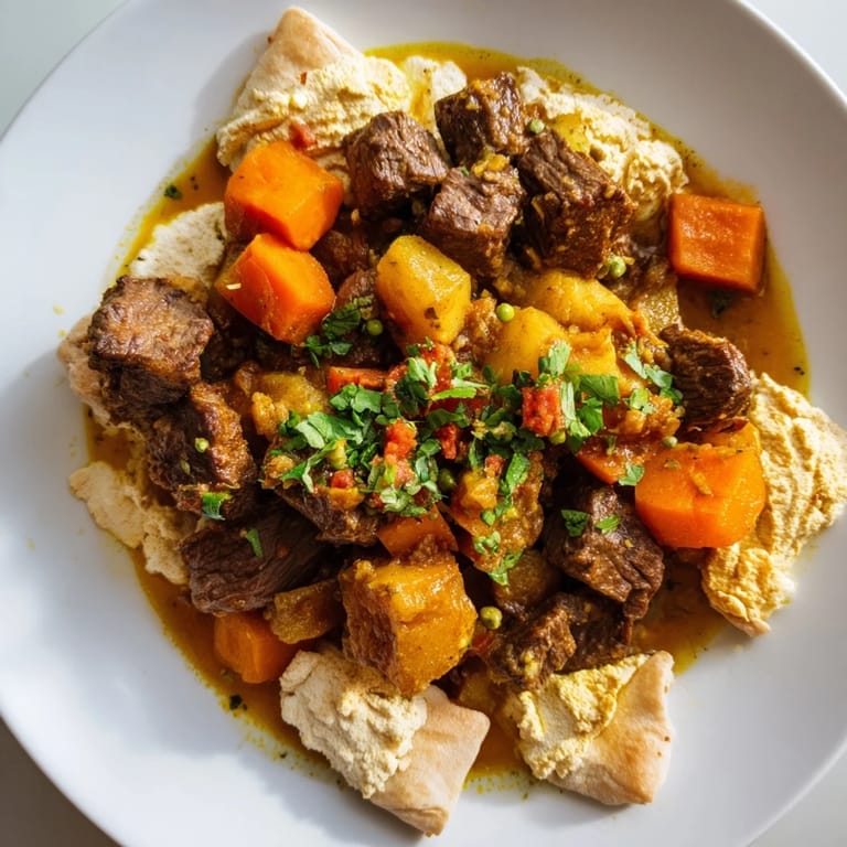 Savory Yemeni saltah stew, with tender meat and vegetables, served hot over torn flatbread.