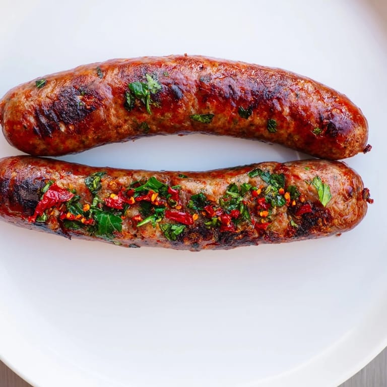 Close-up of grilled Tunisian Merguez sausage, showing the spicy, aromatic blend of herbs.