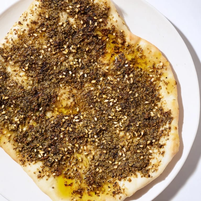 Freshly baked Levantine Zaatar Bread features a golden crust and aromatic zaatar, perfect for sharing.