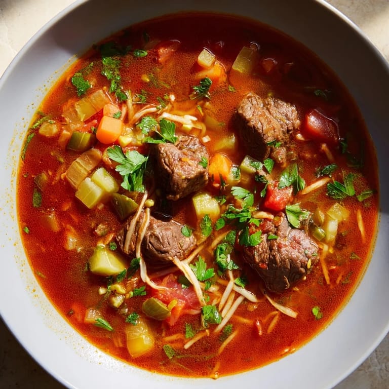 This Algerian Chorba features vibrant tomatoes and spices, offering a comforting aroma.