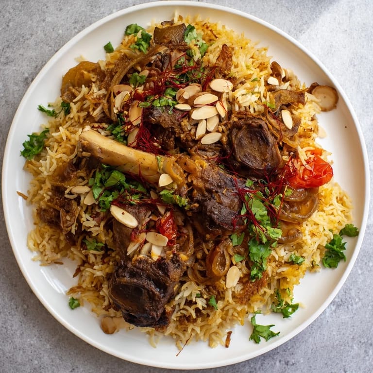 Sizzling Qatari Majboos, the lamb and spiced rice dish, garnished with fresh cilantro and almonds.