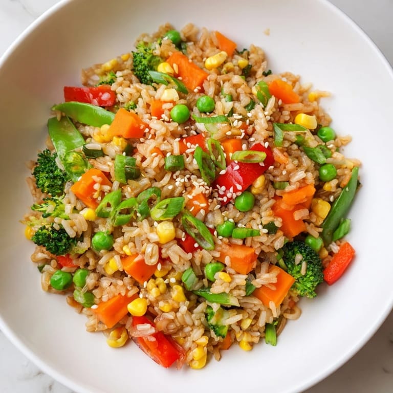 Steaming vegetable fried rice just plated, the perfect vegetarian Asian dinner.