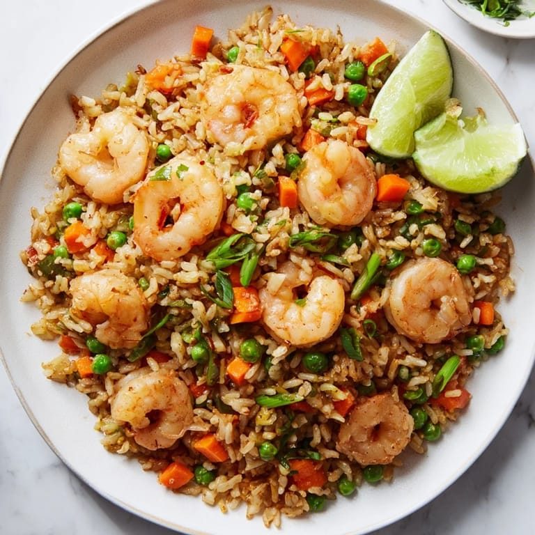 Golden, glistening Shrimp Garlic Fried Rice, with visible shrimp and colorful mixed vegetables, ideal for lunch.