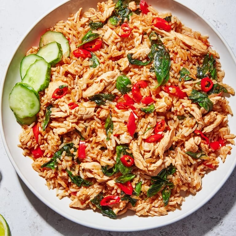 Close-up of savory Thai basil chicken fried rice, showcasing tender chicken pieces and vibrant basil.