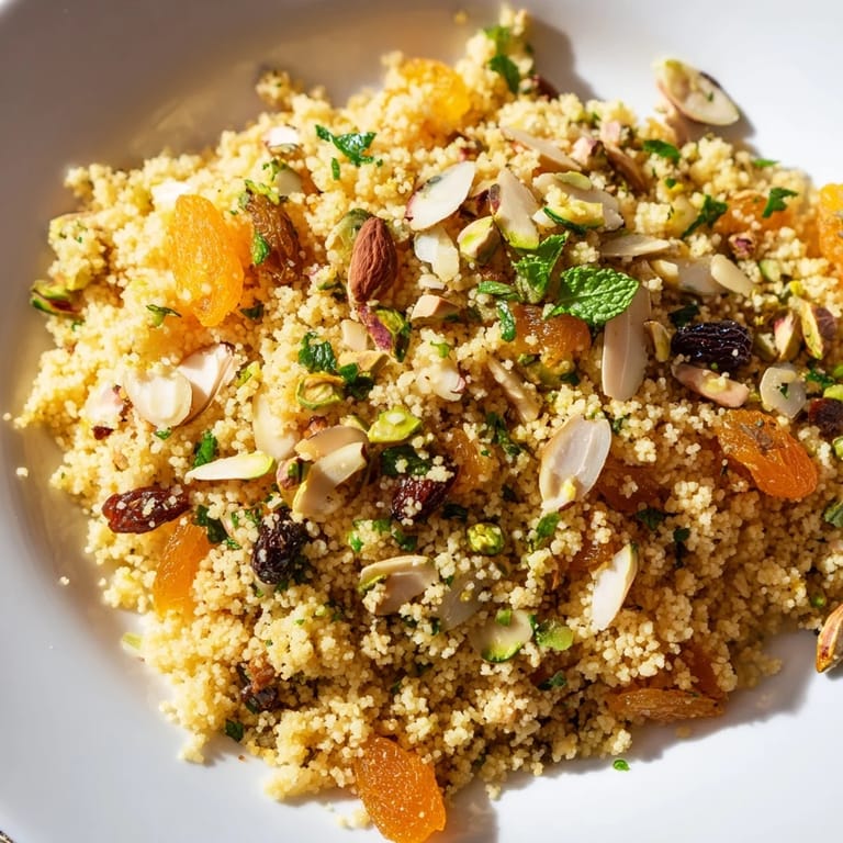 A warm bowl of couscous pilaf with nuts and dried fruit, a vegetarian side dish.