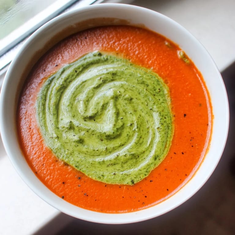 Close-up of Tomato Soup with Basil Pesto Swirl, showcasing the pesto's green swirl and texture.