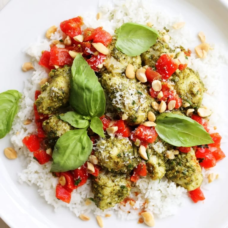 This vibrant chicken pesto rice bowl features seasoned chicken with creamy pesto, served with fresh tomatoes.