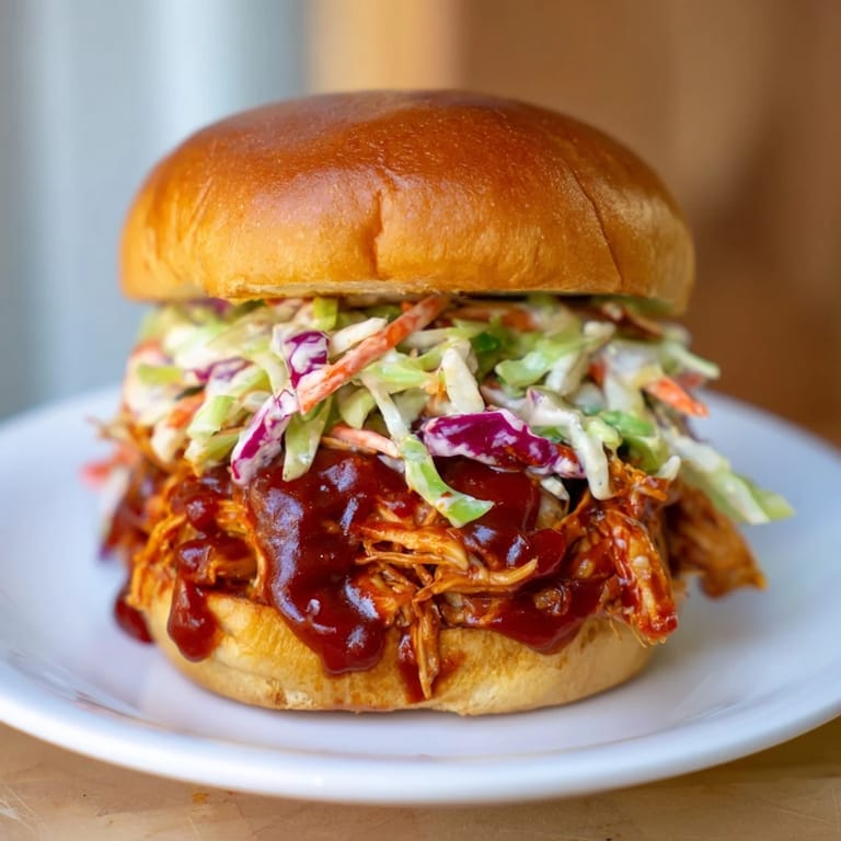 Close-up of a flavorful pulled chicken sandwich featuring a vibrant slaw topping and toasted bun.