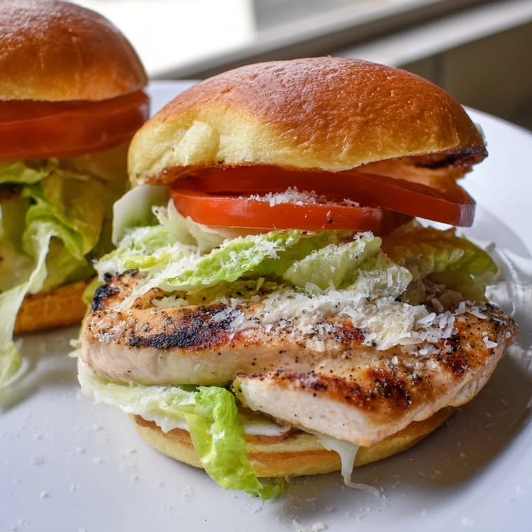 Grilled Caesar Chicken Sandwich with juicy chicken, romaine lettuce, and creamy dressing on a toasted bun.