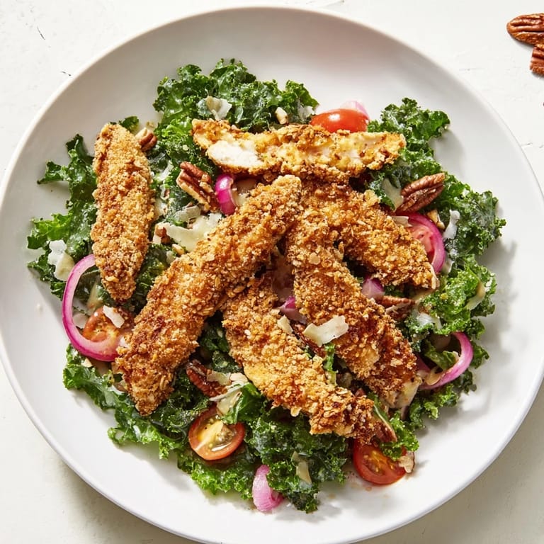 A close-up shot of crispy chicken kale salad, highlighting the textures and colors of the dish.