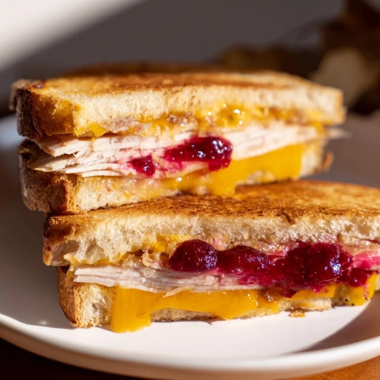 Warm, melty Smoked Turkey Grilled Cheese; a close-up of the flavorful sandwich on a plate.