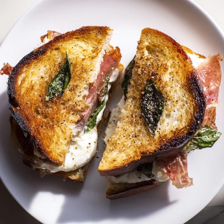 A close-up reveals a delicious Crispy Prosciutto & Burrata Grilled Cheese, perfect for lunch or dinner.