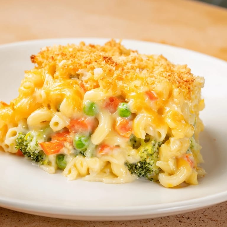 Creamy homemade Garden Veg Mac and Cheese, bubbling and golden brown, ready for serving.