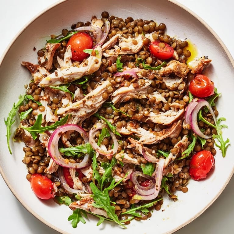 A refreshing close up of Lentil & Chicken Spring Salad, perfect for a light, delicious, healthy lunch.