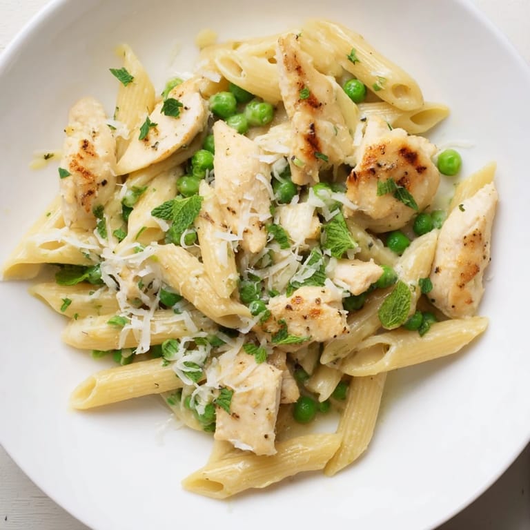 Creamy Pea & Mint Chicken Pasta, a delicious bowl of pasta ready to be enjoyed.