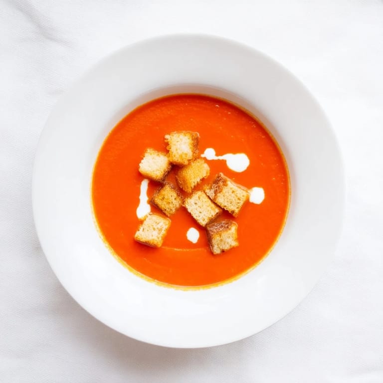 Soupe veloutée de poivrons rouges avec croûtons croustillants, servie chaude dans une assiette creuse.