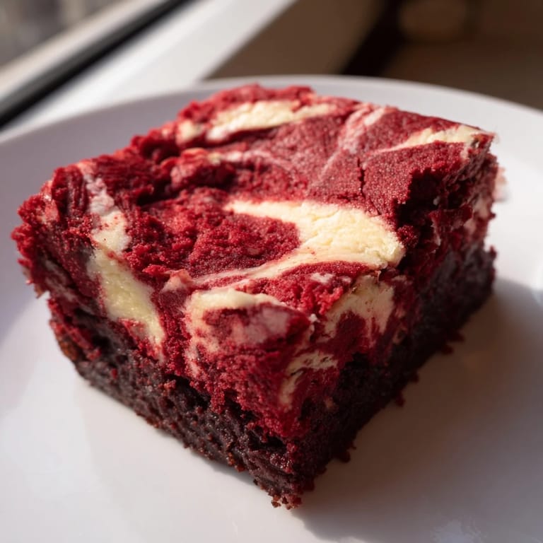 Des brownies rouges velours et cheesecake entrelacés, parfaitement coupés et servis pour un goûter festif.