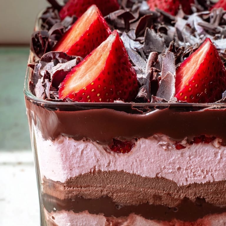 Couches de mousse de fraises aériennes et de ganache au chocolat lisse, garnies de fraises fraîches et de menthe.