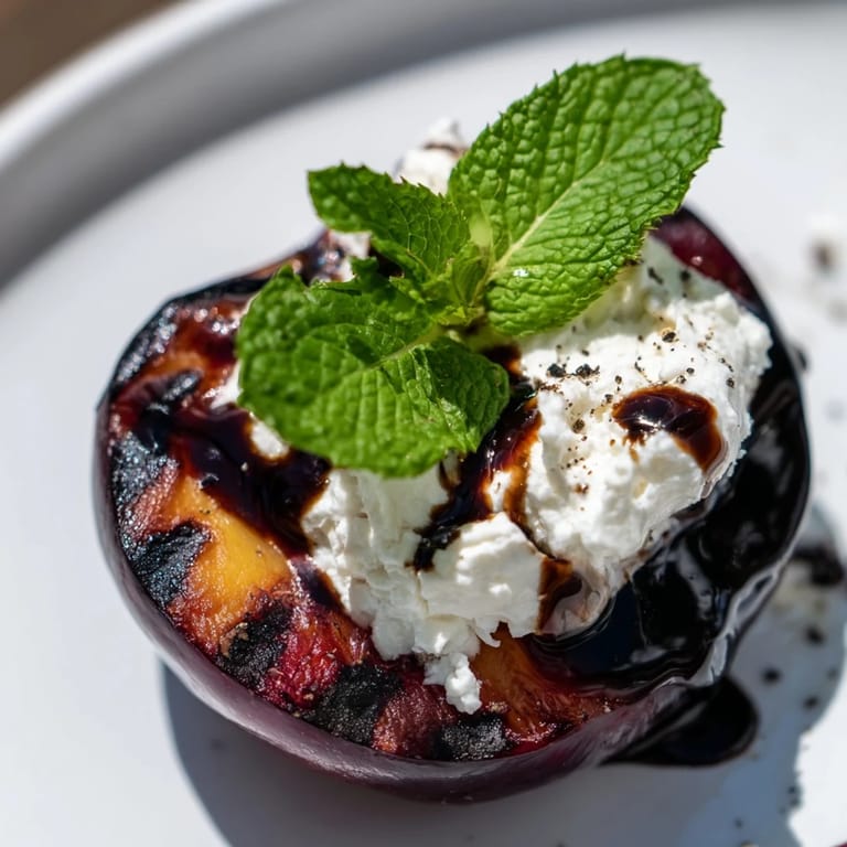 Warm grilled plums with melted goat cheese and glossy balsamic glaze, perfect for a light vegetarian snack.