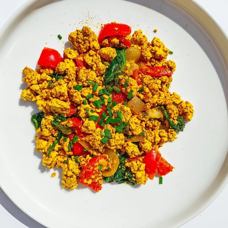 Ce tofu scramble de saison à la turmeric et au cumin, avec poivron rouge et épinards, pour un brunch plant-based.