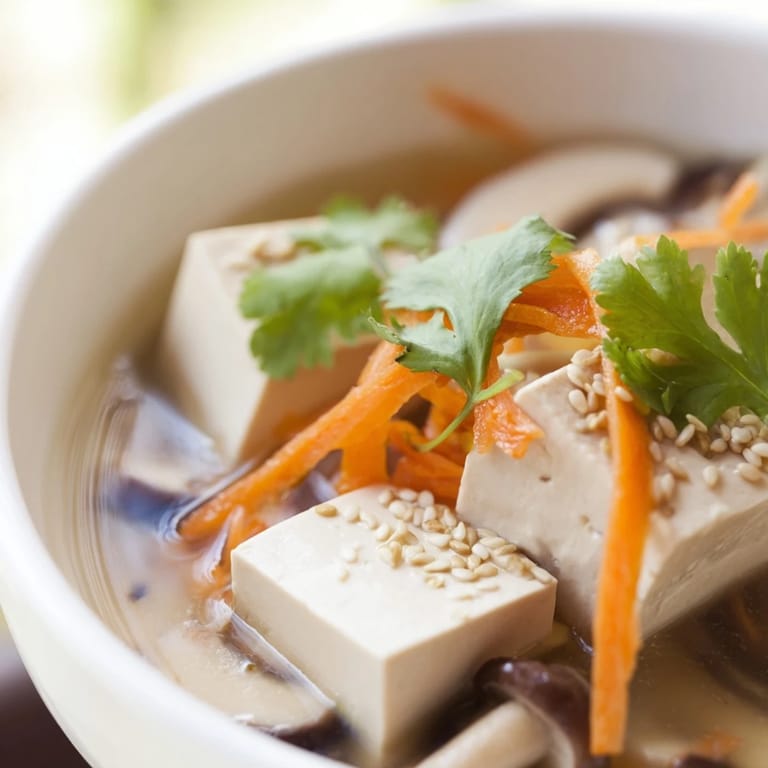 Délicieuse soupe de tofu et légumes, riche en légumes colorés, parfaite pour un repas végétarien réconfortant.