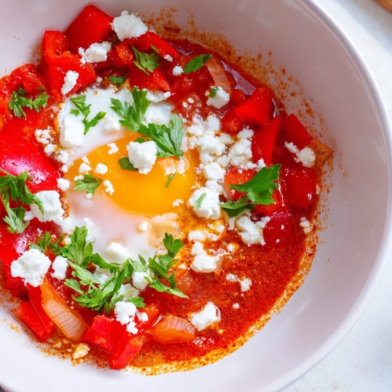 Shakshuka savoureux avec des œufs coulants, garni de persil frais et servi avec du pain grillé.