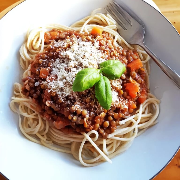 Une portion généreuse de lentilles bolognaise servie au-dessus de pâtes al dente, avec une cuillère de parmesan végétalien et un fond de sauce rouge onctueux visible sur le plat. Une option sans viande riche en protéines pour le repas du soir.