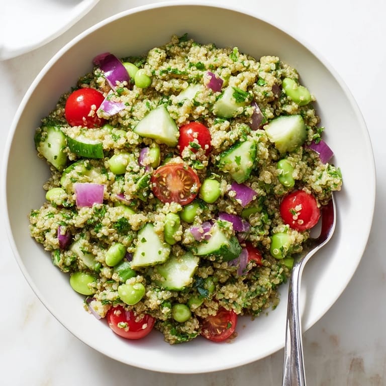 Cette salade edamame et quinoa généreuse propose un mélange de protéines végétales et de légumes croquants, idéale pour un repas healthy et rafraîchissant.
