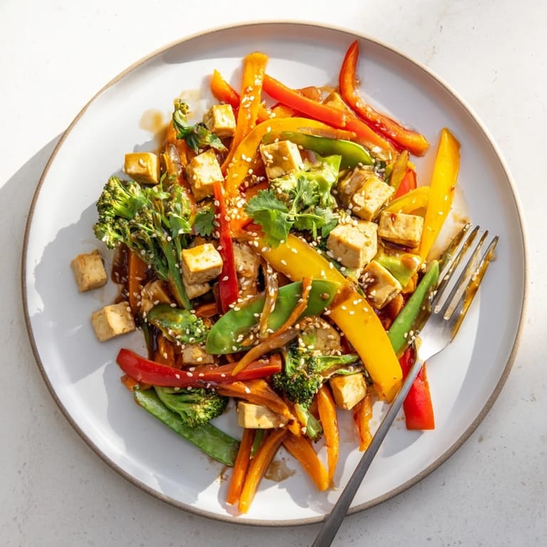 Bright vegetable tempeh stir-fry with snap peas and broccoli, tossed with sesame seeds and fresh cilantro.