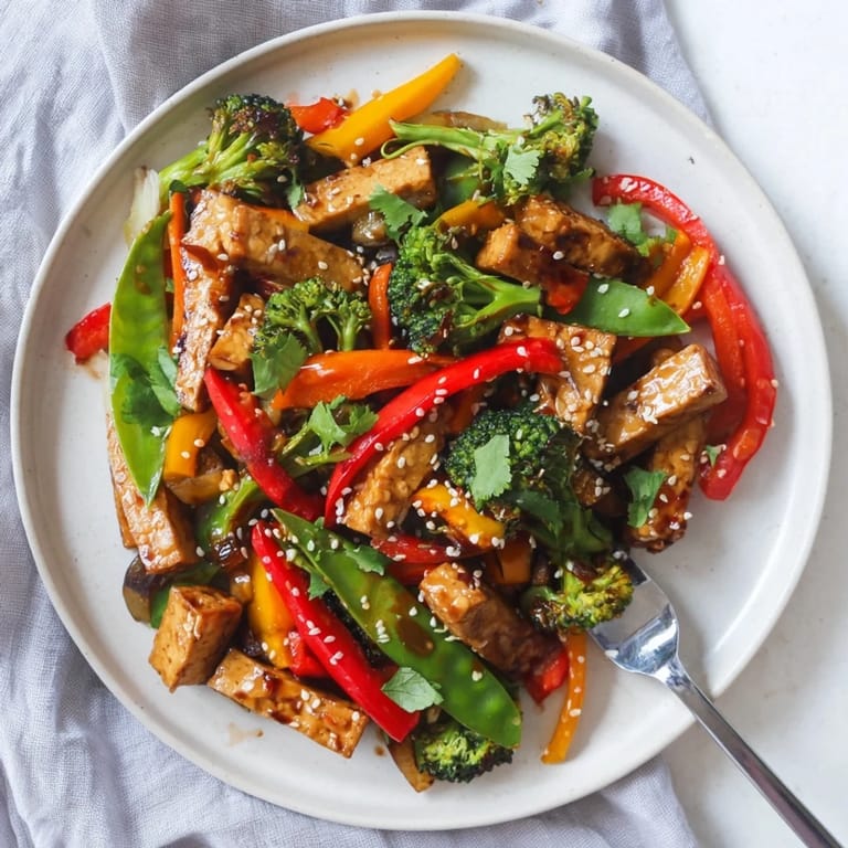 Sizzling skillet of vegetable tempeh stir-fry, finished with a quick drizzle of maple-sesame glaze.