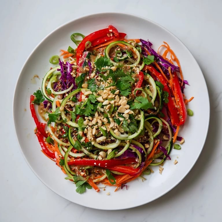 Raw Vegetable Noodle Salad served as a refreshing vegan side, garnished with toasted sesame seeds and chopped peanuts for crunch.