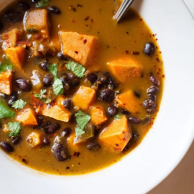 Cette soupe épaisse de patate douce et haricots noirs émane une fumée de paprika, servie avec un quartier de lime citronné.