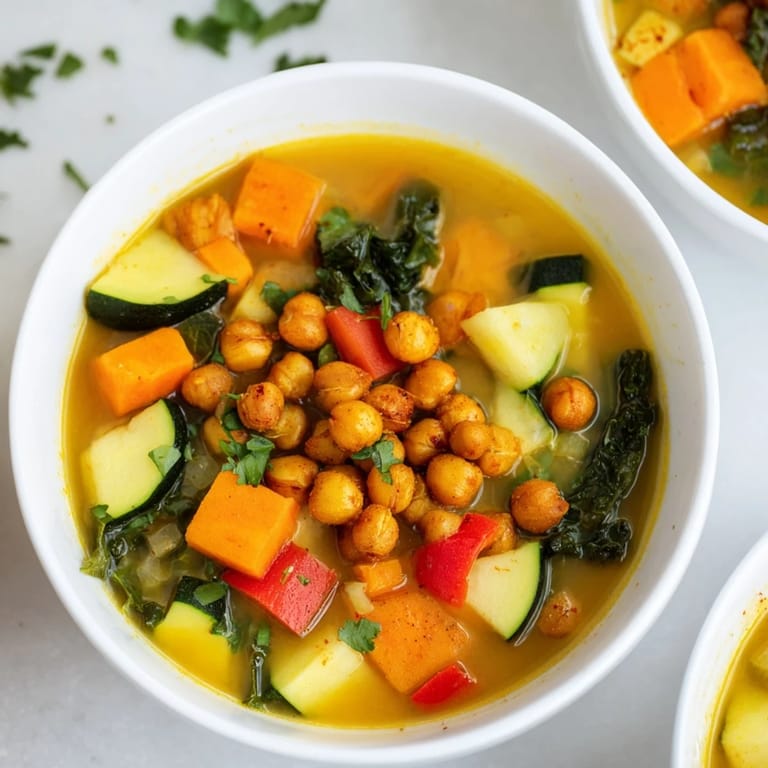Spiced Chickpea and Vegetable Soup servi avec une garniture de coriandre fraîche et un quartier de citron sur le côté