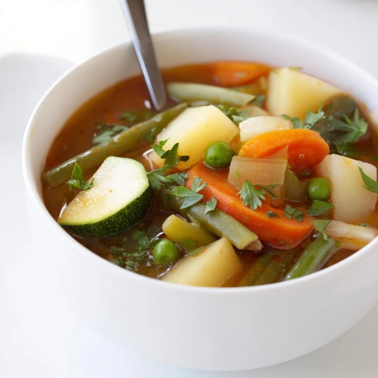Creamy Potato and Vegetable Soup simmering in a pot with carrots, celery, and peas, ready to be ladled into bowls.