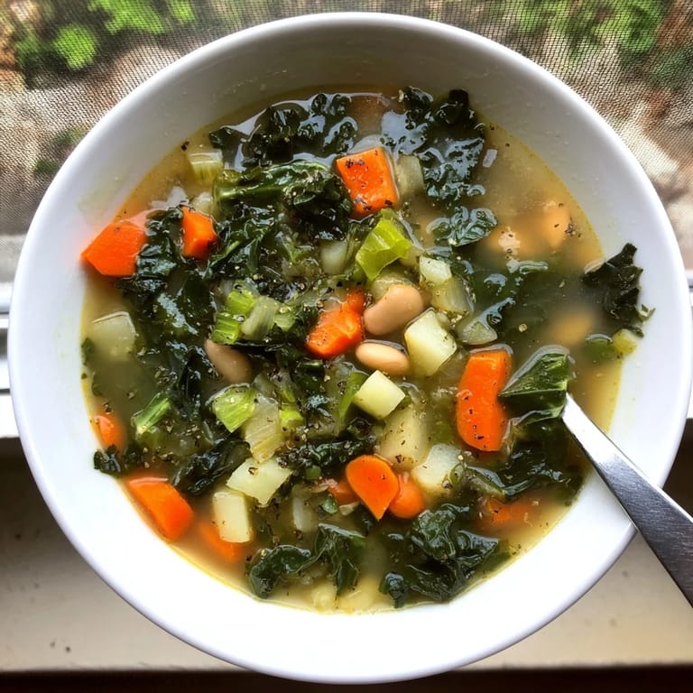 Ce plat de soupe Kale chaleureuse est garni de cubes de pommes de terre tendres et d'une touche de cumin.