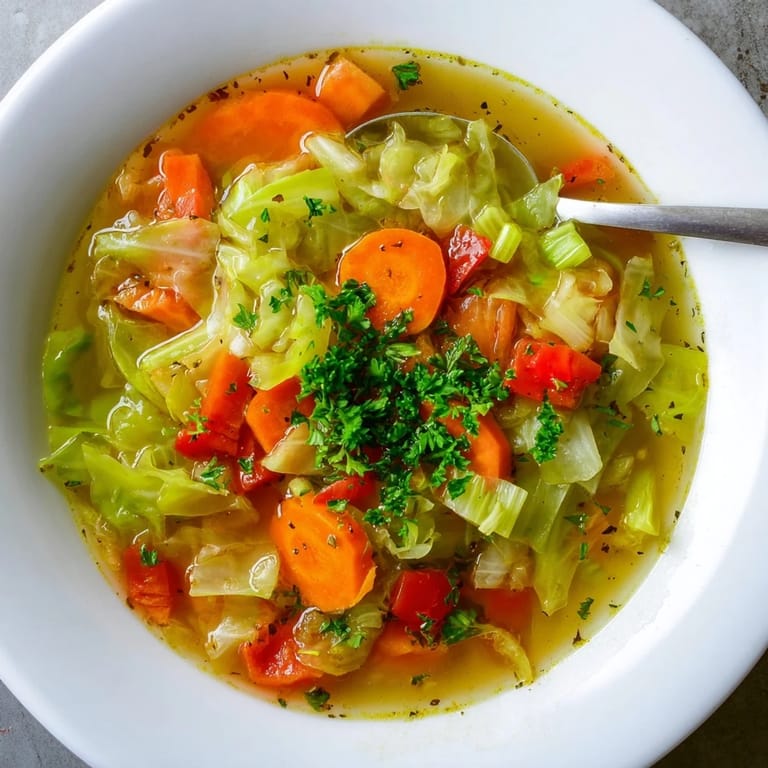 Un bol de soupe au chou haché avec tomates, poivron rouge et légumes rissolés.