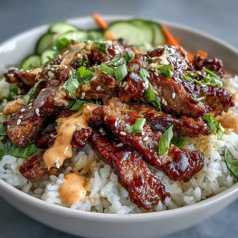 Savoureux bol de riz avec steak tendre, légumes croquants et sauce crémeuse piquante, parfait pour un dîner.