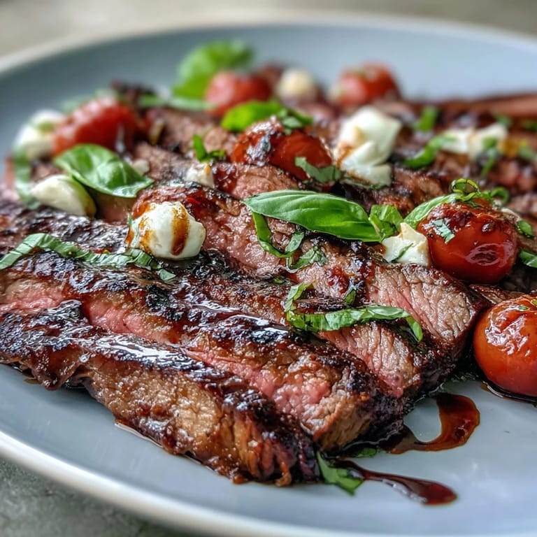Sliced grilled flank steak caprese layered over tomatoes and mozzarella with fresh basil garnish.