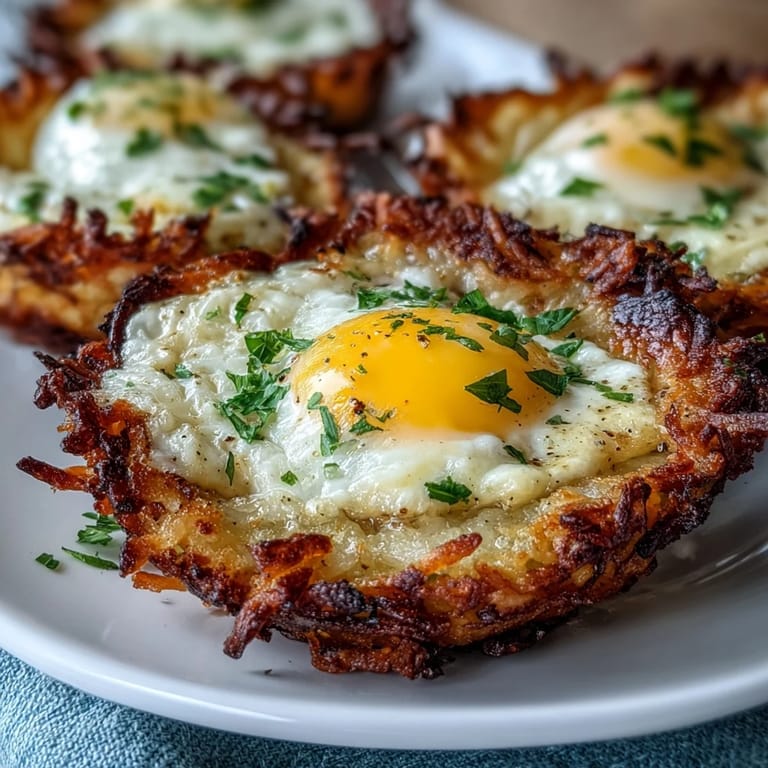 Freshly baked Eggs in Crispy Hash Brown Baskets topped with avocado and green onions.