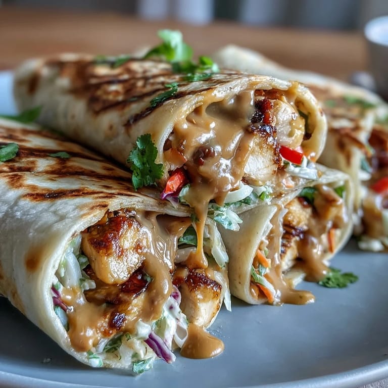 Wraps thaïlandais au poulet au beurre de cacahuète, coupés en diagonale pour révéler une garniture savoureuse de poulet tendre et de légumes croquants.