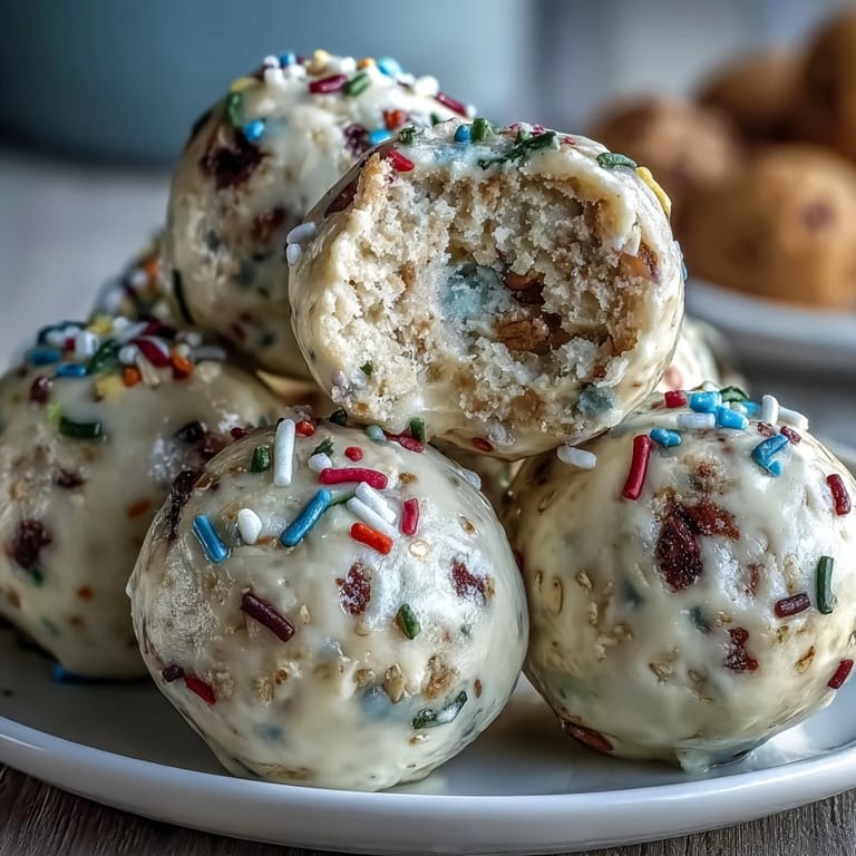 Délicieux No-Bake Cake Batter Protein Balls aux or et rose pailletés, parfaites comme collation post-entraînement ou dessert sans cuisson.