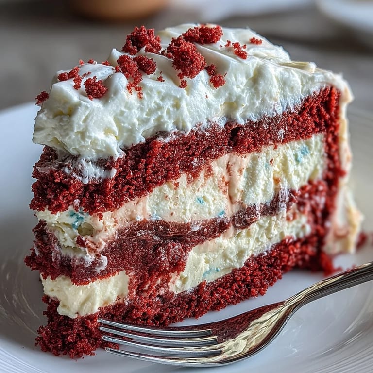 Tranche de Red Velvet Cheesecake aux couches distinctes, parfaite pour une fête.