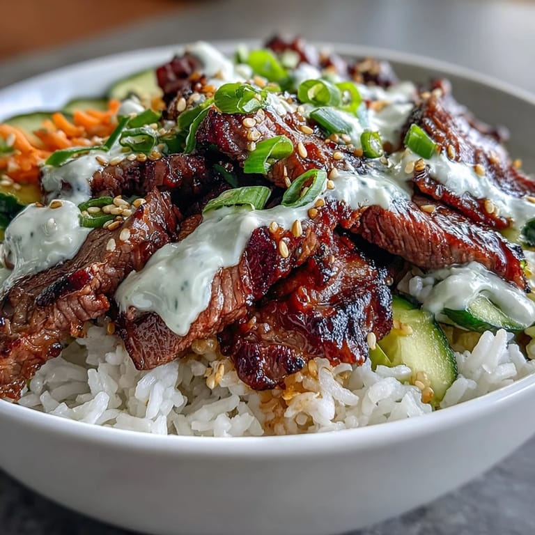 Une assiette savoureuse de bol de riz au BBQ coréen avec du bœuf grillé et des légumes croquants, le tout nappé d’une sauce crémeuse épicée.