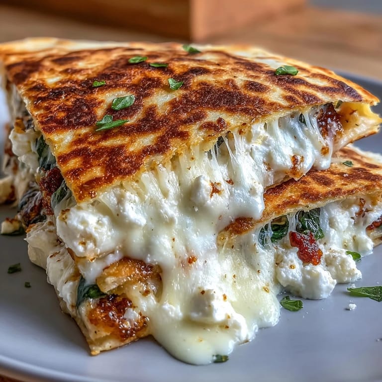 Warm Mediterranean Quesadilla with spinach, feta, and mozzarella garnished with fresh basil on a plate.