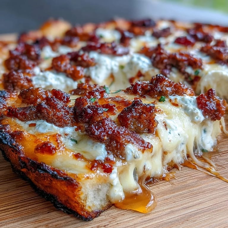 Tartelette Sausage Ricotta Honey Hot Pizza en plan serré, saucisse italienne épicée croustillante et éclaboussures de miel piquant sur les bords dorés.