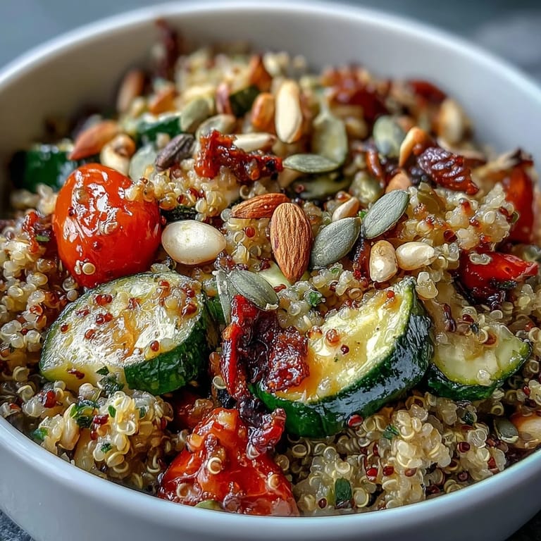 Un bol coloré de quinoa et légumes rôtis, garni d'haricots et d'amandes croquantes.