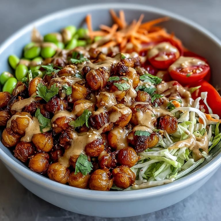 Bol protéiné végétarien crémeux aux pois chiches rôtis et légumes colorés.